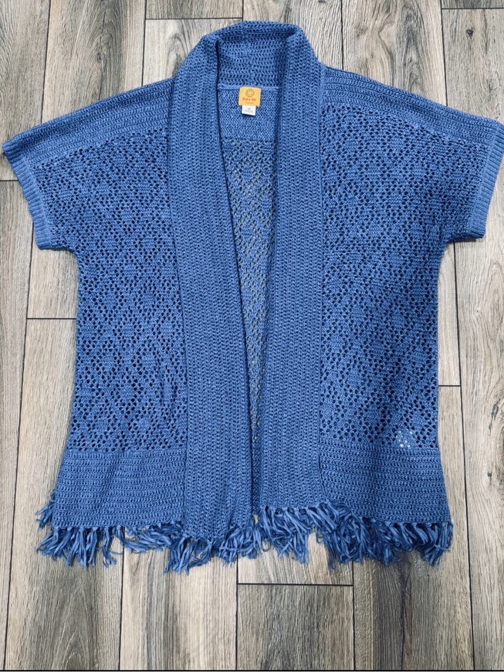 Dusty Blue Open-Front 3x Crochet Fringe Cardigan